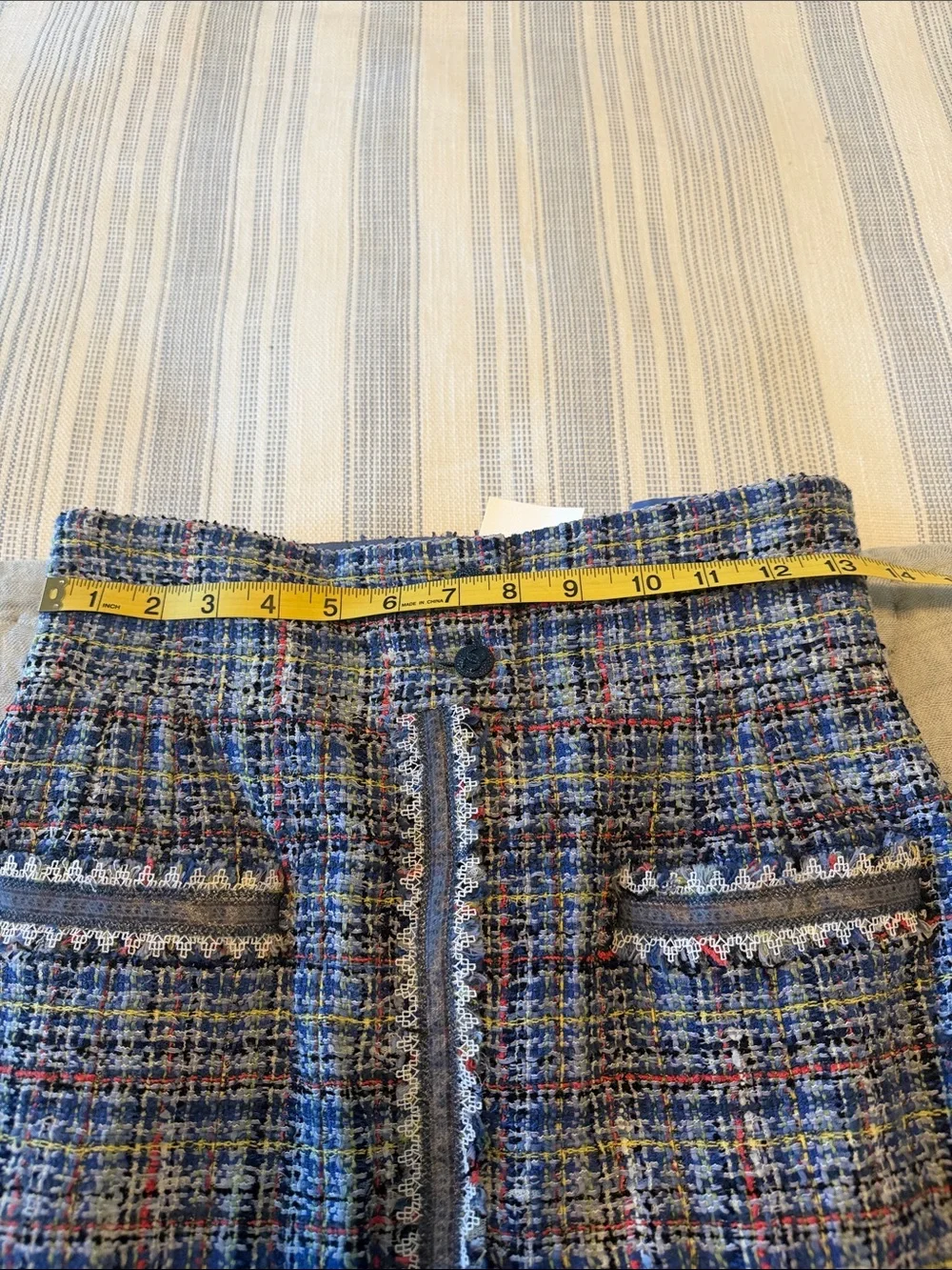 CHANEL Blue Multicolor Tweed Pencil Skirt with Fringed Trim